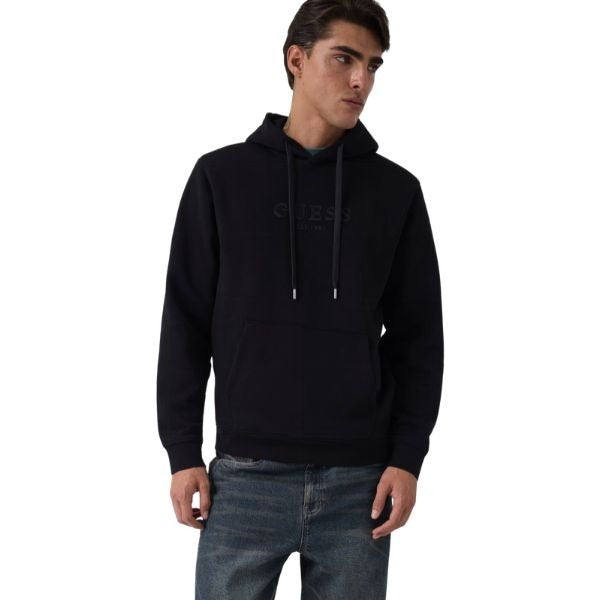 GUESS felpa uomo con cappuccio logo ricamato sul davanti colore nero