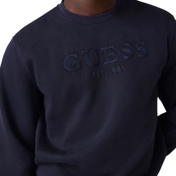 GUESS felpa uomo girocollo con logo ricamato sul davanti colore blu