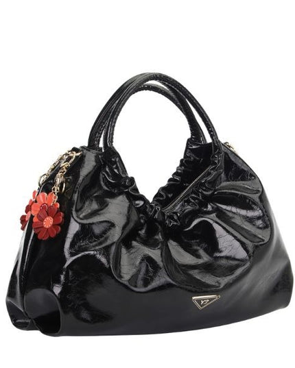 YNOT? Borsa a mano nera lucida con pendenti floreali e doppio manico