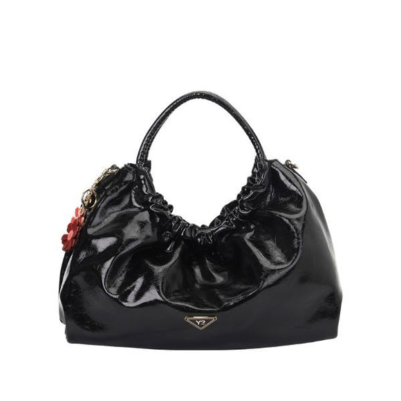 YNOT? Borsa a mano nera lucida con pendenti floreali e doppio manico