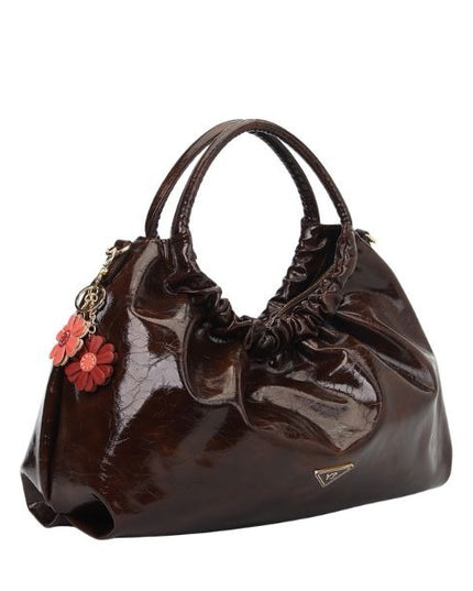 YNOT? Borsa a mano marrone effetto vernice con doppio manico e tracolla removibie