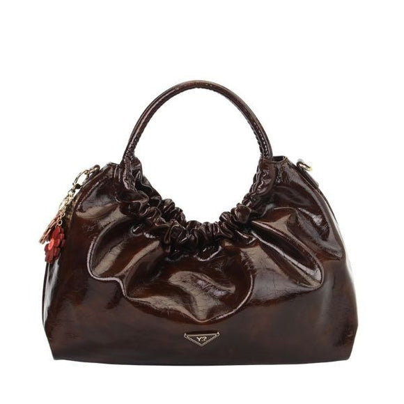 YNOT? Borsa a mano marrone effetto vernice con doppio manico e tracolla removibie