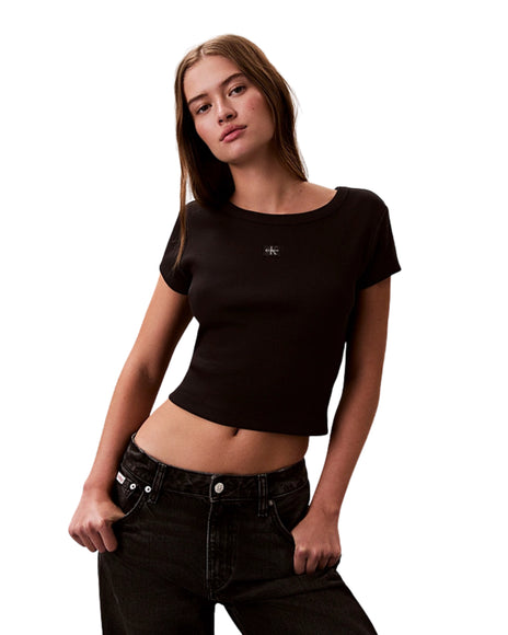 Calvin Klein T-shirt In Cotone A Coste Con Logo Donna Nero