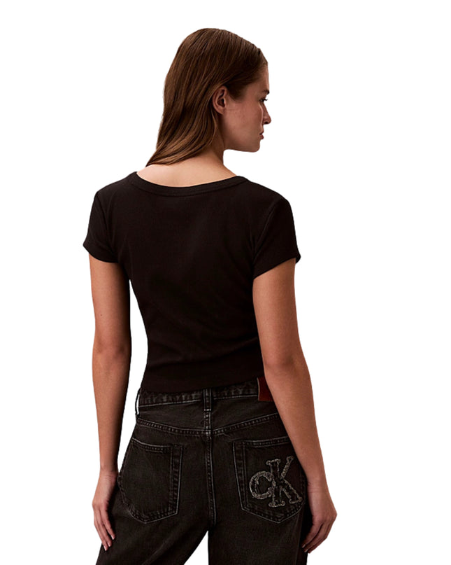 Calvin Klein T-shirt In Cotone A Coste Con Logo Donna Nero